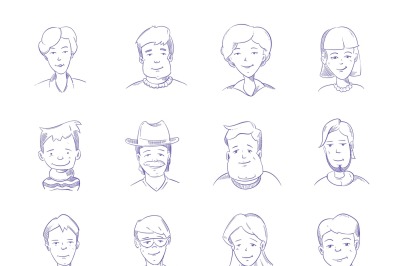 Hand drawn people characters, portrait, avatars vector sketch collecti