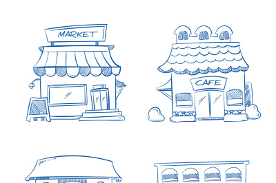 Hand drawn store, shop, restaurant, cafe, bar buildings. Vector doodle