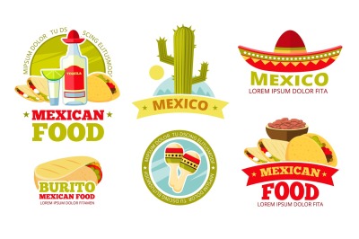 Mexican salsa food restaurant vector badges, labels, logos and emblems