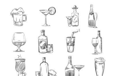 Doodle sketch cocktails and alcohol drinks in glass. hand drawn vector