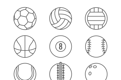 Sports balls vector thin line icons. Basketball, soccer, tennis, footb