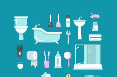 Plumbing, sanitary engineering, hygiene vector icons. Sink, toilet, pi