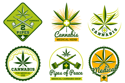 Marijuana&2C; hashish&2C; drug medicine vector logos and labels set