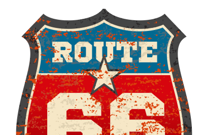 Vintage route 66 road sign with grunge distressed rusted texture vecto