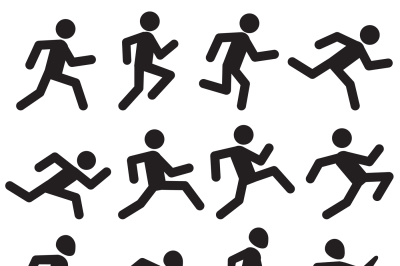 Man running figure black pictograms, jogging activity vector icons iso