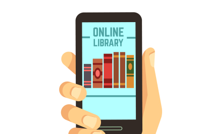 Hand holding smartphone with books, e-reading, online library vector e