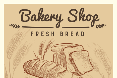 Bakery shop vector retro poster with hand drawn ears of wheat