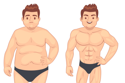 Cartoon muscular and fat man, guy before and after sports. weight loss