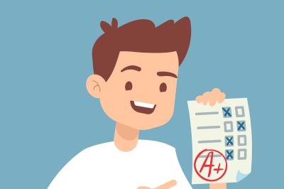 Teen student holding paper with perfect school exam test vector illust