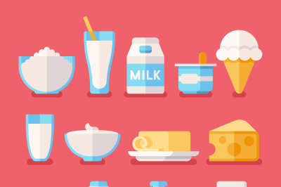 Dairy, milk, yogurt, cream, cheese products flat vector icons set