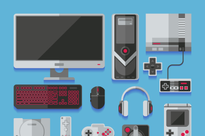 Computer, digital video online game console, game tools vector set