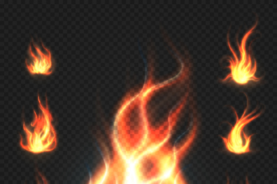 Realistic orange and red fire flames, fireballs isolated on transparen