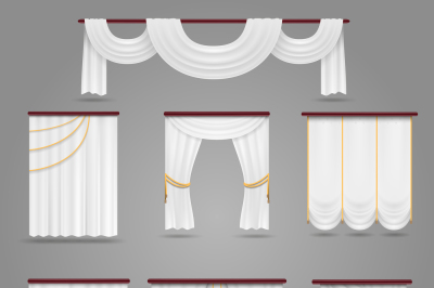 White curtains drapery for wedding room and windows vector set