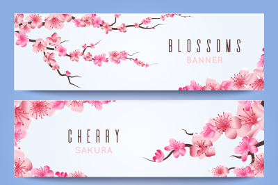 Wedding banners template with spring japan sakura, cherry blossom