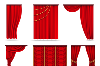 Red velvet stage curtains, scarlet theatre drapery isolated on white v