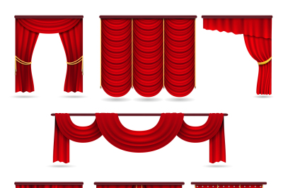 Silk red room curtains, velvet scarlet fabric vector collection