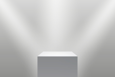 Museum pedestal, white empty 3d podium and spotlights vector illustrat