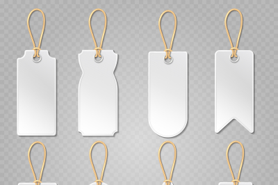 Blank baggage labels, white luggage tag, clothes price tags vector set