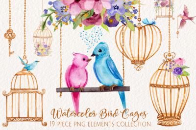Watercolor Love Birds and Cages