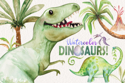 Watercolor Dinosaurs Elements
