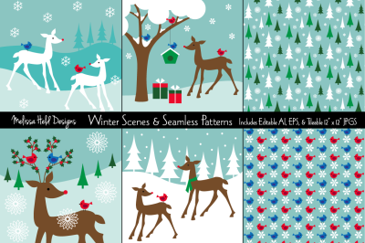 Winter Scenes and Seamless Patterns