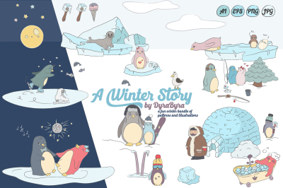 Penguins Illustrations &amp; Patterns - A Winter Story