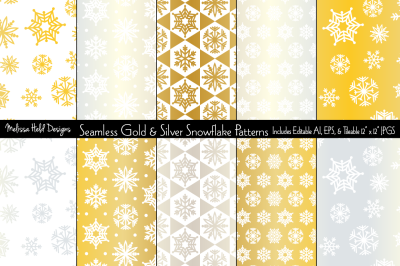 Seamless Silver &amp; Gold Snowflake Patterns