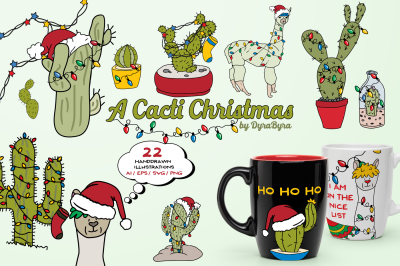 Llama and Cactus Christmas Illustrations