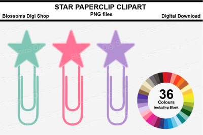 Star Paper Clips Clipart, multi colours, 36 PNG files