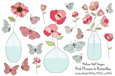 Pink Flowers and Butterflies