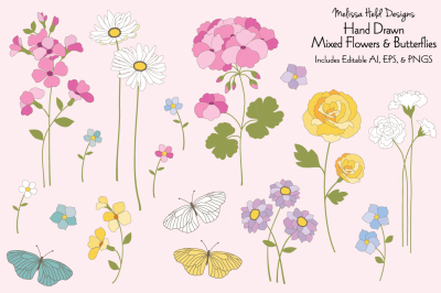 Hand Drawn Flowers &amp;amp; Butterflies