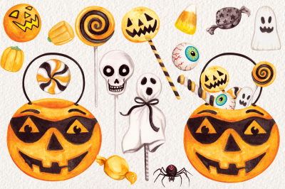 Watercolor Halloween Candies Clipart
