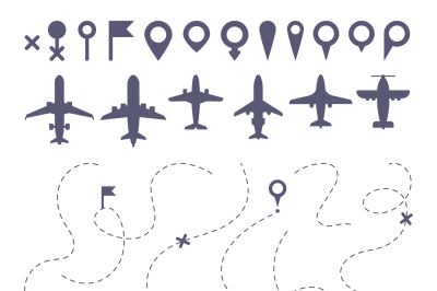 Plane route line. Planes dotted line trail directions&2C; flight pathway 