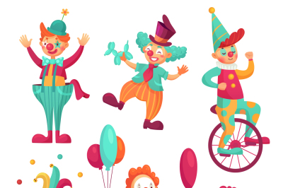 Circus clowns. Cartoon clown comedian juggling, funny clowns nose or j