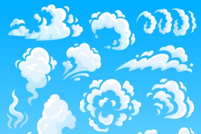 Cartoon clouds and smoke. Dust cloud&2C; fast action icons. Sky vector is