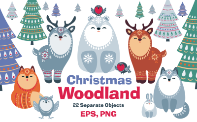 Christmas Woodland. Animals and fir trees in ethnic style