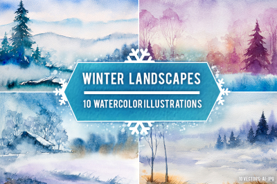 Winter Landscapes set#3. Watercolor.