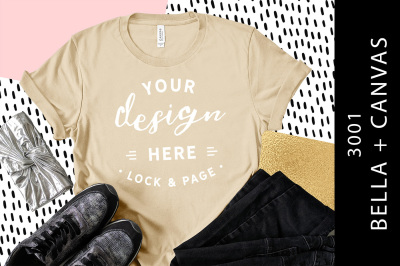 Download Tan Bella Canvas 3001 Shirt Mockup Girls Fashion Flat Lay PSD Mockup Template - Amazing Box ...