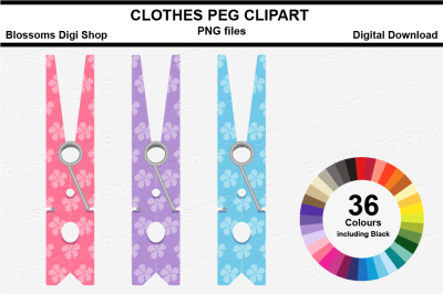 Flower Clothes Peg Clipart, multi colours, 36 PNG files
