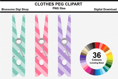 Striped Clothes Peg Clipart, multi colours, 36 PNG files