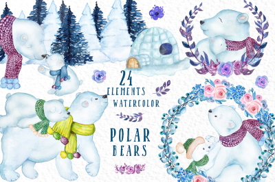 Watercolor Winter Animals, POLAR BEARS CLIPART, Mama Bear