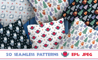 Christmas Woodland. Seamless patterns with animals in ethnic style