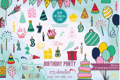 Color Birthday Party | Hand drawn Cakes, Candles, Balloons, Banner