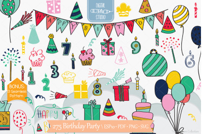 Color Birthday Party | Hand drawn Cakes, Candles, Balloons, Banner