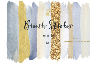 Neutral. Brush Strokes Clip Art. Dusty blue, beige, grey, ivory, gold 