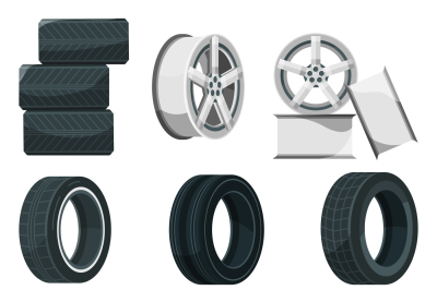 Icon set of different disks for wheels and tires. Vector pictures set 