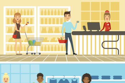 Groups of funny and happy people make shopping in supermarket. Vector 