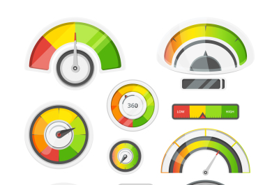 Icon set of level meters, tachometer and battery level. Vector picture