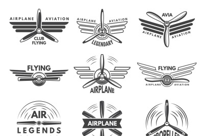 Labels an logos for military aviation. Aviator symbols in monochrome s