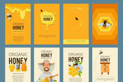 Vector cards with illustrations of apiary. Pictures of honey, beehive 